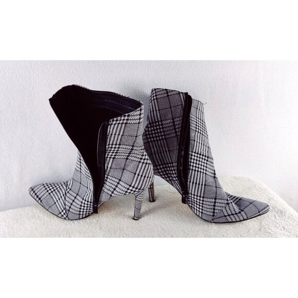 Ankle Boot Black White Plaid Pointed Toe Stiletto Heel 40 Zipper Career - Picture 7 of 13